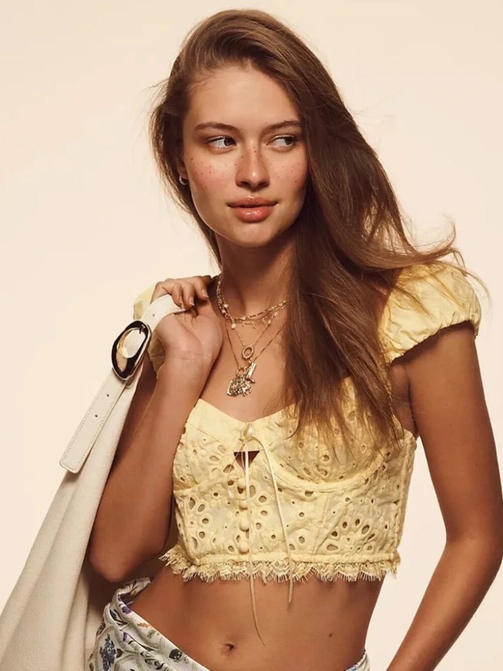 By Anthropologie Eyelet Ruffle Crop Top Bustier in Pineapple Yellow XL NWT - Picture 1 of 14